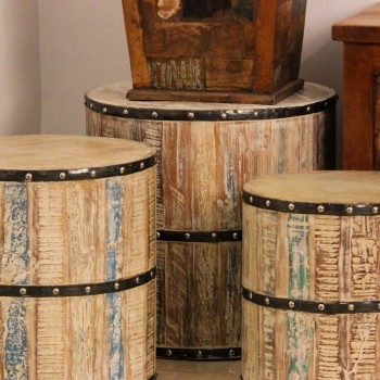 Reclaimed Wood Garden Stool Set of 3 Set of 3 reclaimed wood garden stool with distressed finish and metal band accents in drum shape