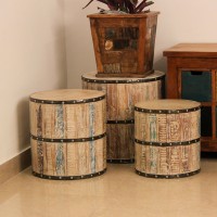 Set of 3 reclaimed wood garden stool with distressed finish and metal band accents in drum shape