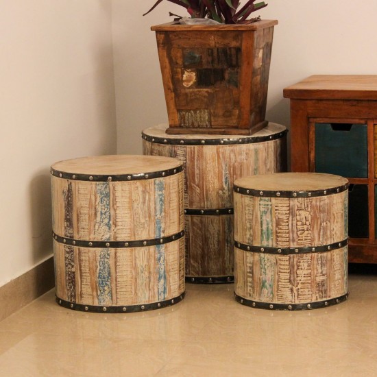 Set of 3 reclaimed wood garden stool with distressed finish and metal band accents in drum shape