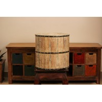 Set of 3 reclaimed wood garden stool with distressed finish and metal band accents in drum shape