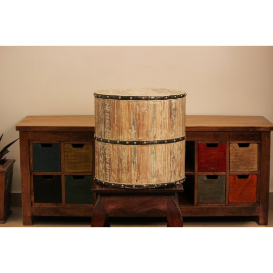 Set of 3 reclaimed wood garden stool with distressed finish and metal band accents in drum shape