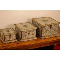 Set of 3 Distressed Grey Wooden Jewellery Box with Brass Work Set of 3 wooden jewellery box in distressed grey finish featuring embossed brass detailing and decorative hardware