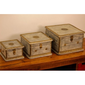 Set of 3 wooden jewellery box in distressed grey finish featuring embossed brass detailing and decorative hardware