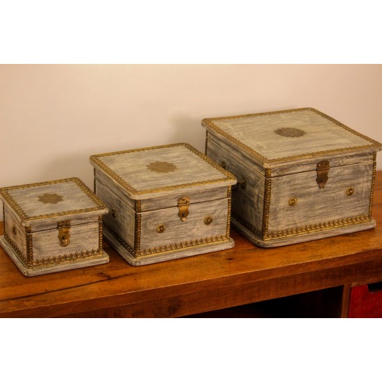 Set of 3 Distressed Grey Wooden Jewellery Box with Brass Work Set of 3 wooden jewellery box in distressed grey finish featuring embossed brass detailing and decorative hardware