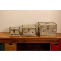 Set of 3 Distressed Grey Wooden Jewellery Box with Brass Work Set of 3 wooden jewellery box in distressed grey finish featuring embossed brass detailing and decorative hardware