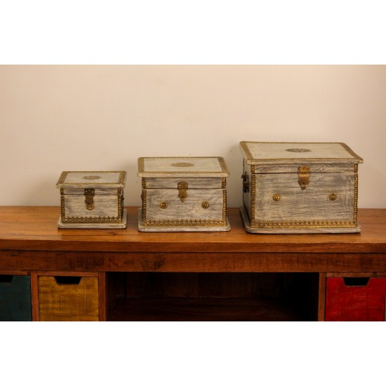 Set of 3 Distressed Grey Wooden Jewellery Box with Brass Work Set of 3 wooden jewellery box in distressed grey finish featuring embossed brass detailing and decorative hardware