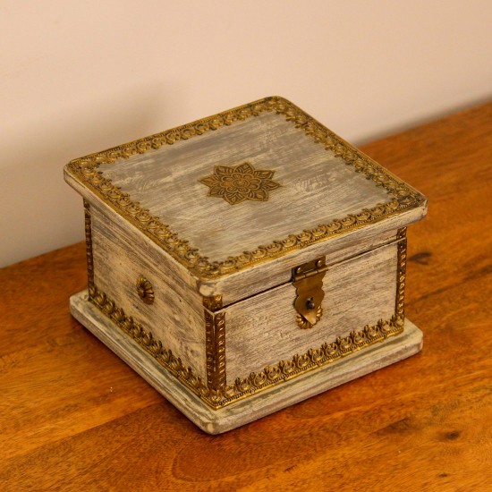 Large Distressed Grey Wooden Jewellery Box with Brass Work Large wooden jewellery box in distressed grey finish featuring embossed brass detailing and decorative hardware