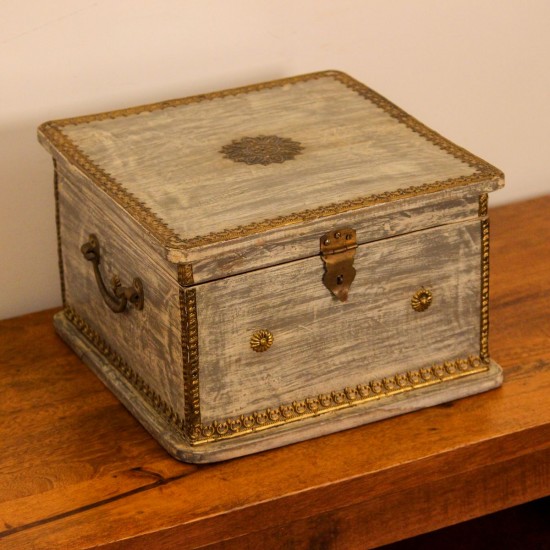 Large Distressed Grey Wooden Jewellery Box with Brass Work Large wooden jewellery box in distressed grey finish featuring embossed brass detailing and decorative hardware