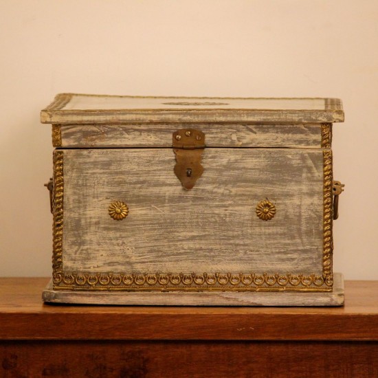 Large Distressed Grey Wooden Jewellery Box with Brass Work Large wooden jewellery box in distressed grey finish featuring embossed brass detailing and decorative hardware