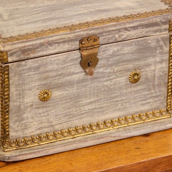 Large Distressed Grey Wooden Jewellery Box with Brass Work Large wooden jewellery box in distressed grey finish featuring embossed brass detailing and decorative hardware