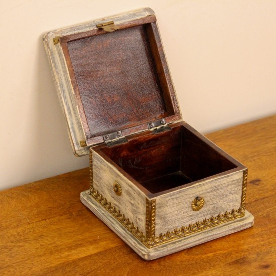 Large Distressed Grey Wooden Jewellery Box with Brass Work Large wooden jewellery box in distressed grey finish featuring embossed brass detailing and decorative hardware