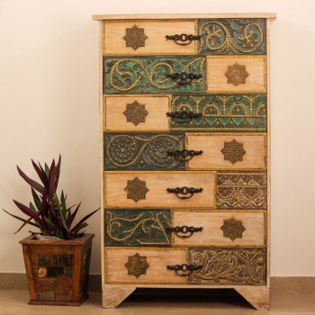 5 ft wooden wardrobe cabinet featuring natural wood finish with intricate brass detailing and multiple carved drawers