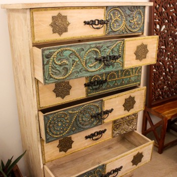 Brass and Natural Wood Wardrobe Cabinet with Carved Drawers 5 ft wooden wardrobe cabinet featuring natural wood finish with intricate brass detailing and multiple carved drawers