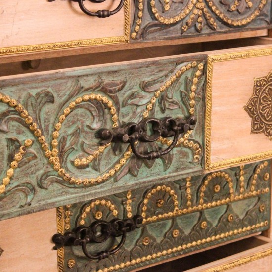 Brass and Natural Wood Wardrobe Cabinet with Carved Drawers 5 ft wooden wardrobe cabinet featuring natural wood finish with intricate brass detailing and multiple carved drawers