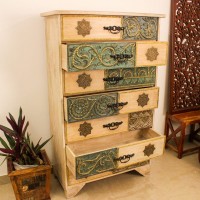 Brass and Natural Wood Wardrobe Cabinet with Carved Drawers 5 ft wooden wardrobe cabinet featuring natural wood finish with intricate brass detailing and multiple carved drawers
