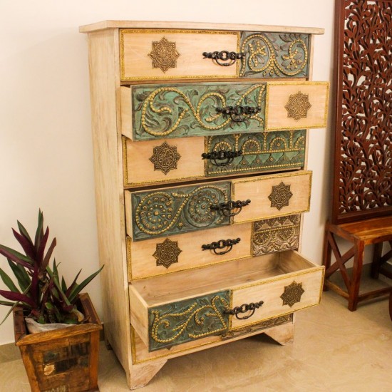 Brass and Natural Wood Wardrobe Cabinet with Carved Drawers 5 ft wooden wardrobe cabinet featuring natural wood finish with intricate brass detailing and multiple carved drawers