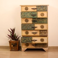 Brass and Natural Wood Wardrobe Cabinet with Carved Drawers 5 ft wooden wardrobe cabinet featuring natural wood finish with intricate brass detailing and multiple carved drawers