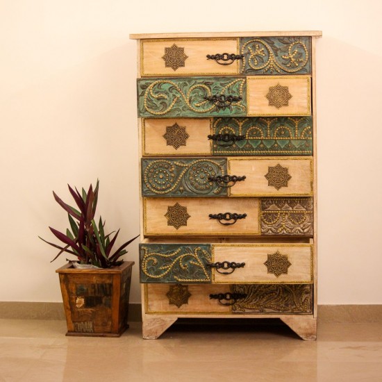 Brass and Natural Wood Wardrobe Cabinet with Carved Drawers 5 ft wooden wardrobe cabinet featuring natural wood finish with intricate brass detailing and multiple carved drawers