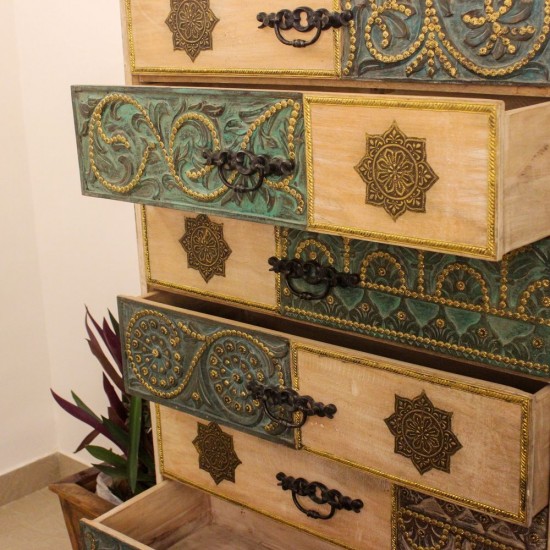 Brass and Natural Wood Wardrobe Cabinet with Carved Drawers 5 ft wooden wardrobe cabinet featuring natural wood finish with intricate brass detailing and multiple carved drawers