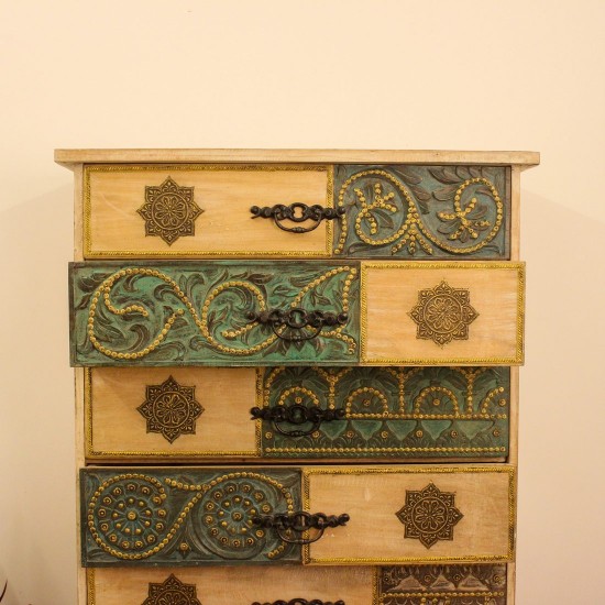 Brass and Natural Wood Wardrobe Cabinet with Carved Drawers 5 ft wooden wardrobe cabinet featuring natural wood finish with intricate brass detailing and multiple carved drawers