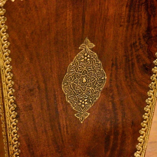 Brown polished wooden planter pot featuring intricate brass embossed border and handcrafted detailing