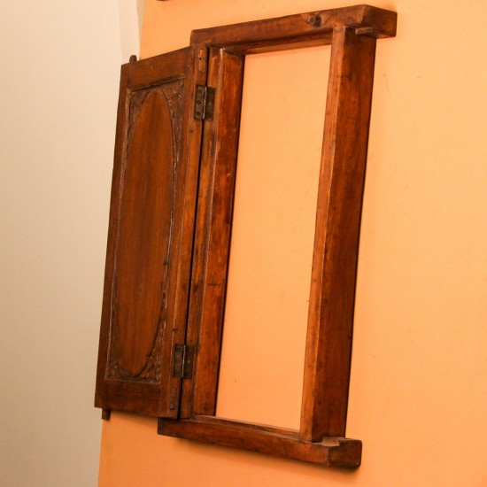 Antique Finish Old Window Style Wooden Cabinet Polished wooden cabinet designed like an old window with carved detailing and antique finish