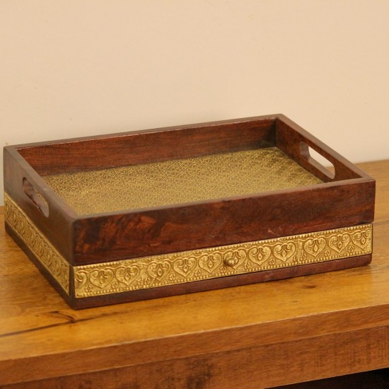 Wooden Serving Tray with Brass Embossing and Drawer Polished wooden tray featuring brass embossed surface and an integrated storage drawer