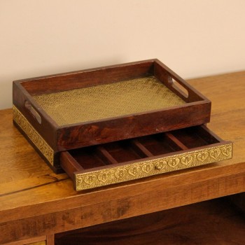 Wooden Serving Tray with Brass Embossing and Drawer Polished wooden tray featuring brass embossed surface and an integrated storage drawer
