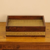Wooden Serving Tray with Brass Embossing and Drawer Polished wooden tray featuring brass embossed surface and an integrated storage drawer