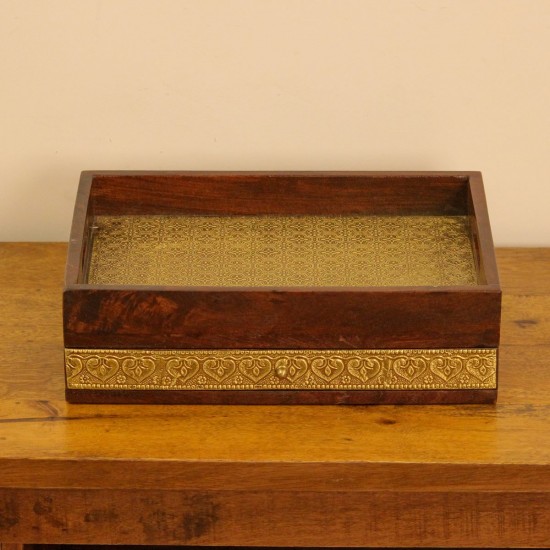 Wooden Serving Tray with Brass Embossing and Drawer Polished wooden tray featuring brass embossed surface and an integrated storage drawer