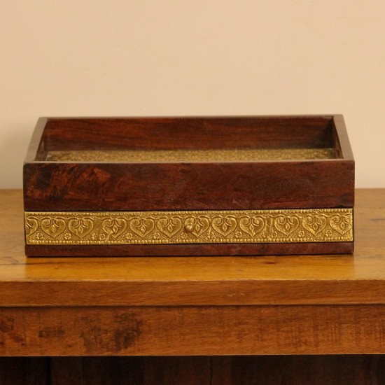 Wooden Serving Tray with Brass Embossing and Drawer Polished wooden tray featuring brass embossed surface and an integrated storage drawer