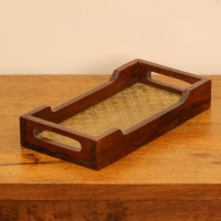 Small Wooden Tray with Brass Embossed Pattern Compact wooden tray with polished frame and brass embossed patterned base