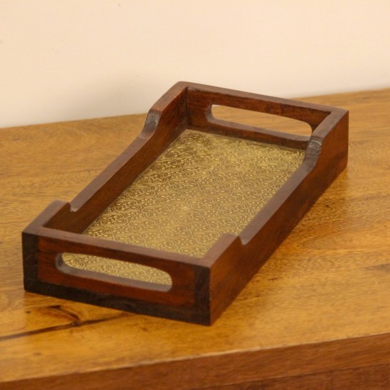 Small Wooden Tray with Brass Embossed Pattern Compact wooden tray with polished frame and brass embossed patterned base
