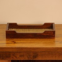 Small Wooden Tray with Brass Embossed Pattern Compact wooden tray with polished frame and brass embossed patterned base