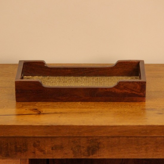 Small Wooden Tray with Brass Embossed Pattern Compact wooden tray with polished frame and brass embossed patterned base