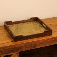 Square Wooden Tray with Brass Embossed Surface Square shaped wooden tray with polished edges and intricate brass embossed design