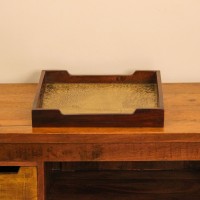 Square Wooden Tray with Brass Embossed Surface Square shaped wooden tray with polished edges and intricate brass embossed design