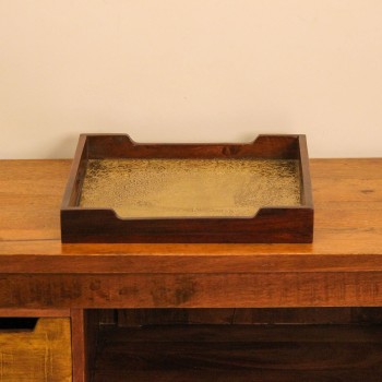 Square Wooden Tray with Brass Embossed Surface Square shaped wooden tray with polished edges and intricate brass embossed design