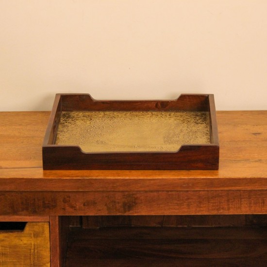 Square Wooden Tray with Brass Embossed Surface Square shaped wooden tray with polished edges and intricate brass embossed design