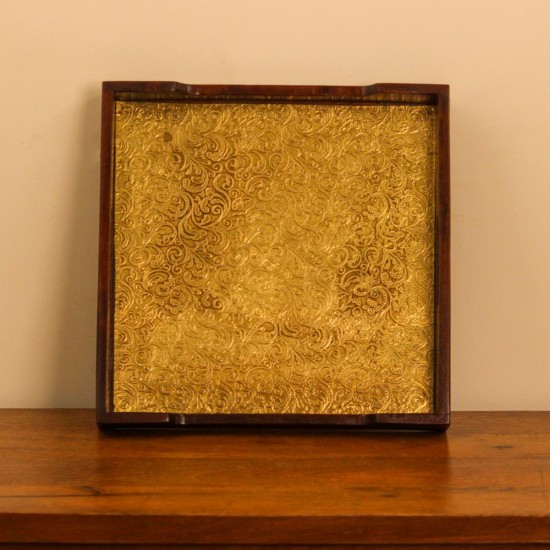 Square Wooden Tray with Brass Embossed Surface Square shaped wooden tray with polished edges and intricate brass embossed design