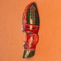 Hand Painted Tribal Face Mask – Red Hand-carved wooden tribal face mask hand painted in red with a green striped crown, purple diamond eyes, and detailed facial motifs in orange and white.