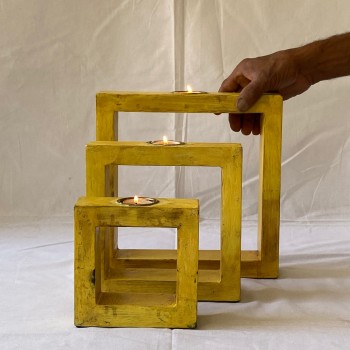 Set of three green square wooden tea light holders handcrafted by Indune