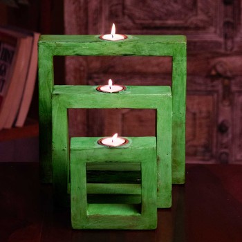 Set of three green square wooden tea light holders handcrafted by Indune