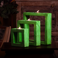 Set of three green square wooden tea light holders handcrafted by Indune Set of three green square wooden tea light holders handcrafted by Indune