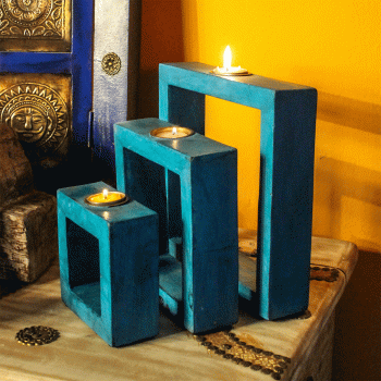Set of three blue square wooden tea light holders handcrafted by Indune Set of three blue square wooden tea light holders handcrafted by Indune