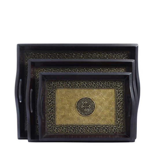 Wooden Tray - Brass Art (Set of Three) Wooden Tray - Brass Art (Set of Three)