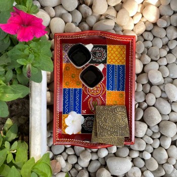Hand painted multi-color wooden tray - Medium