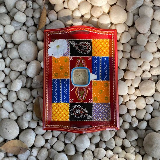 Antique Hand painted multi-color wooden tray - Medium