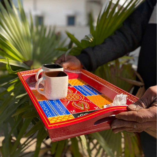 Antique Hand painted multi-color wooden tray - Medium