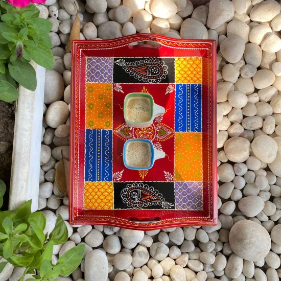  painted multi-color wooden tray - Large